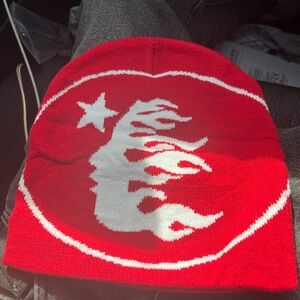 Red and white Hellstar beanie